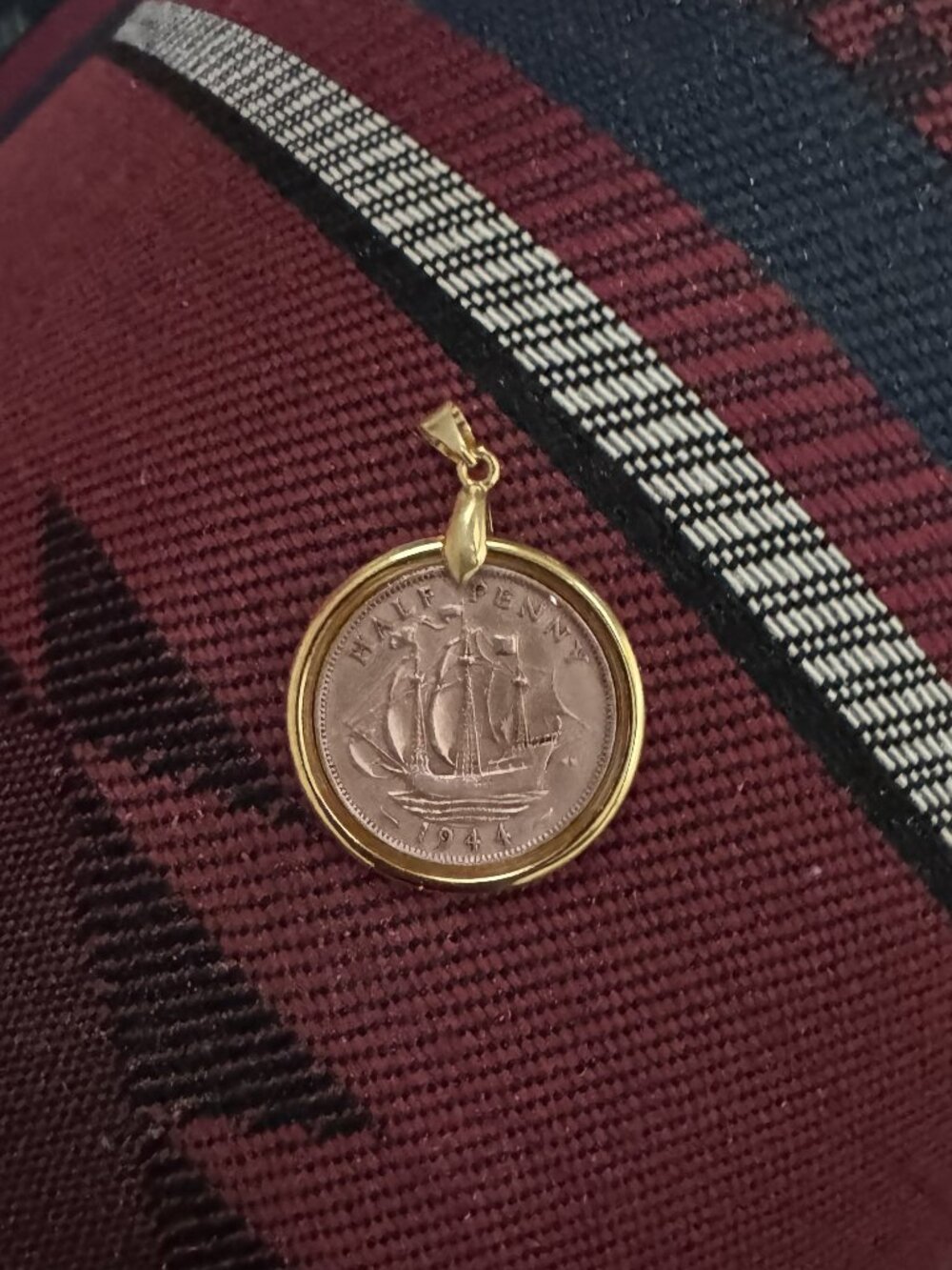 1944 British Half Penny Ship Vintage Coin Resin Pendant Necklace